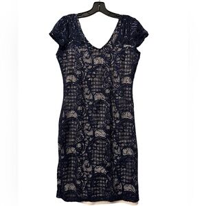 MARINA Size 6 Navy Lace Cap-Sleeve Midi Dress